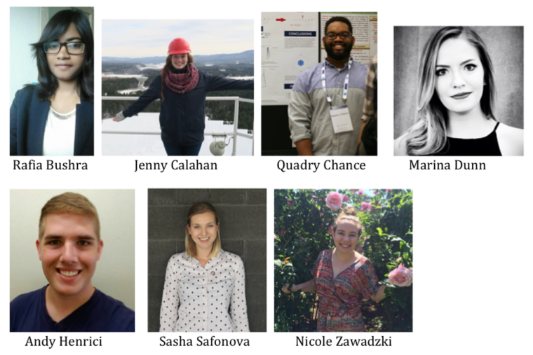Headshots of the 2017-18 TIMESTEP Leaders: Rafia Bushra, Jenny Calahan, Quadry Chance, Marina Dunn, Andy Henrici, Sasha Safonova, Nicole Zawadzki