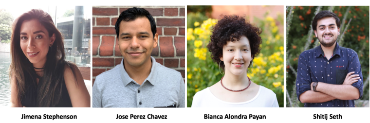 Headshots of the 2019-20 TIMESTEP Leaders: Jimena Stephenson, Jose Perez Chavez, Bianca Payan, Shitij Seth
