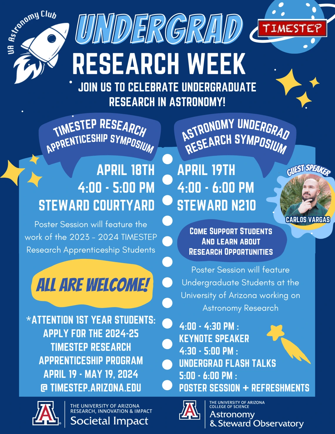 Undergrad Research Week flyer shows the event details with space graphics and a headshot of Dr. Carlos Vargas