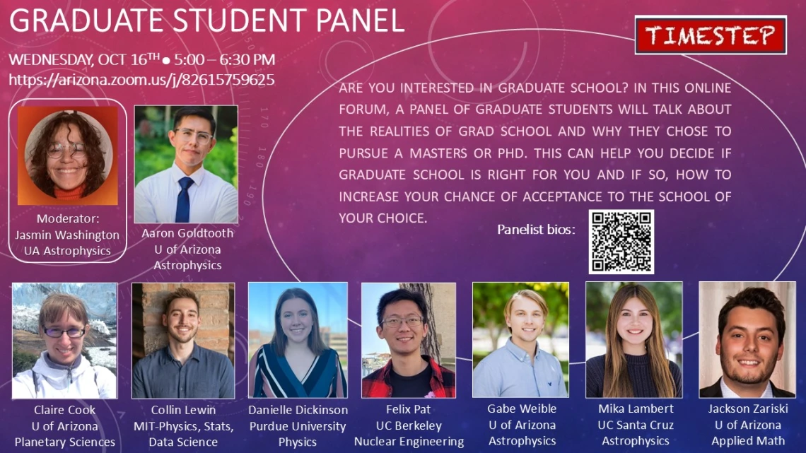 Meeting description and details with headshots of the grad student panelists