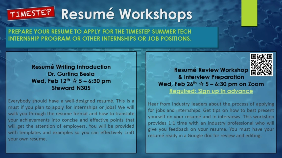 Descriptions of the resume writing and resume review workshops on a turquoise background