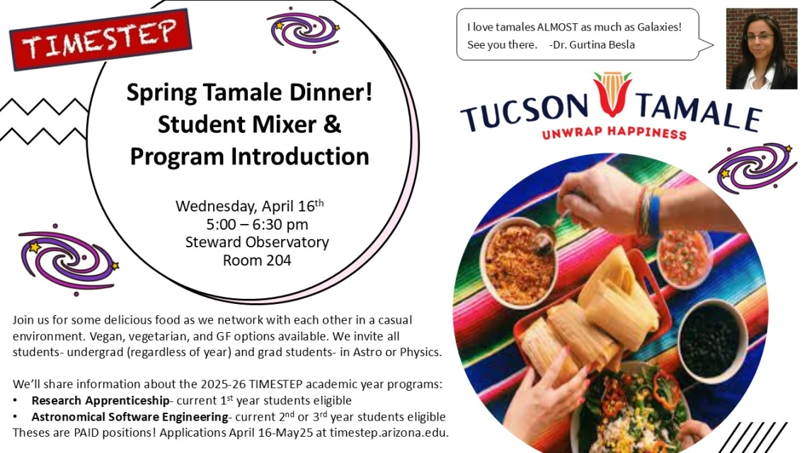 A photo showing a hand picking up a tamale from a platefull, with meeting information on a white background