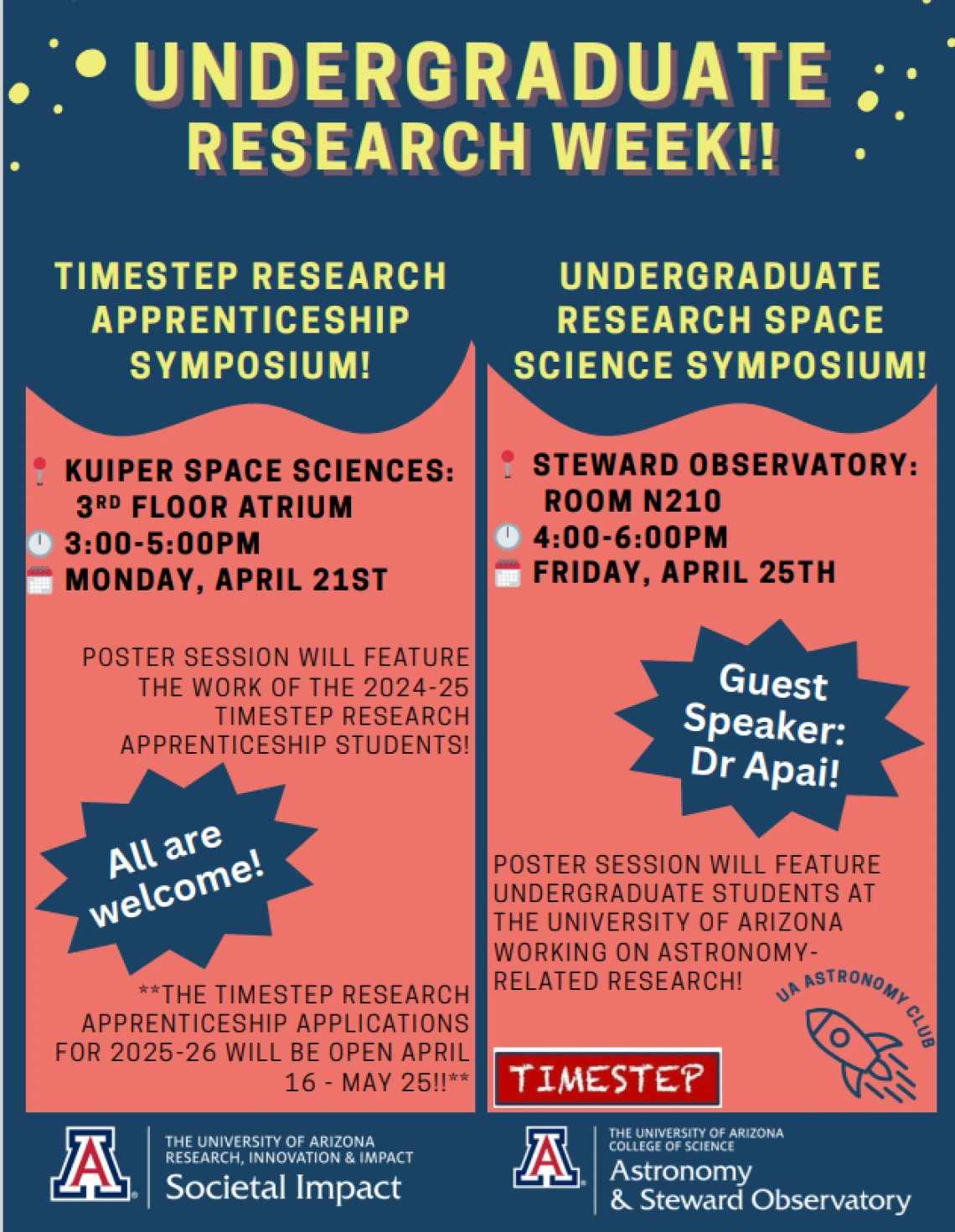 UR Week Event details on a blue and pink background with the logos for TIMESTEP, UA Astronomy Club, Steward Observatory, and The Office of Societal Impact