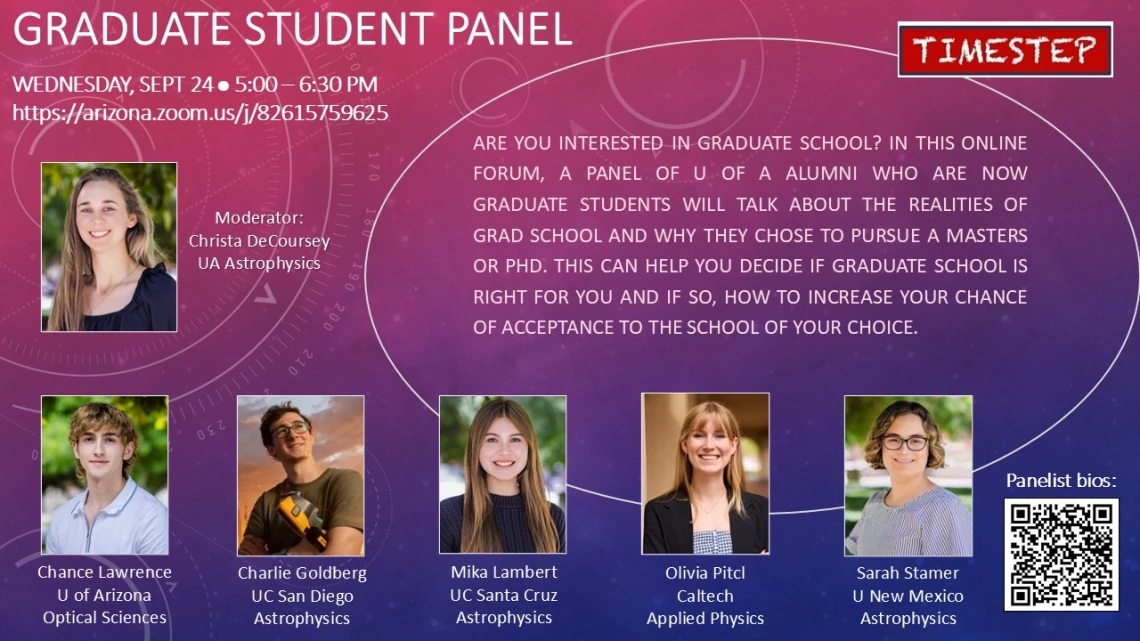 Meeting description and details with headshots of the grad student panelists