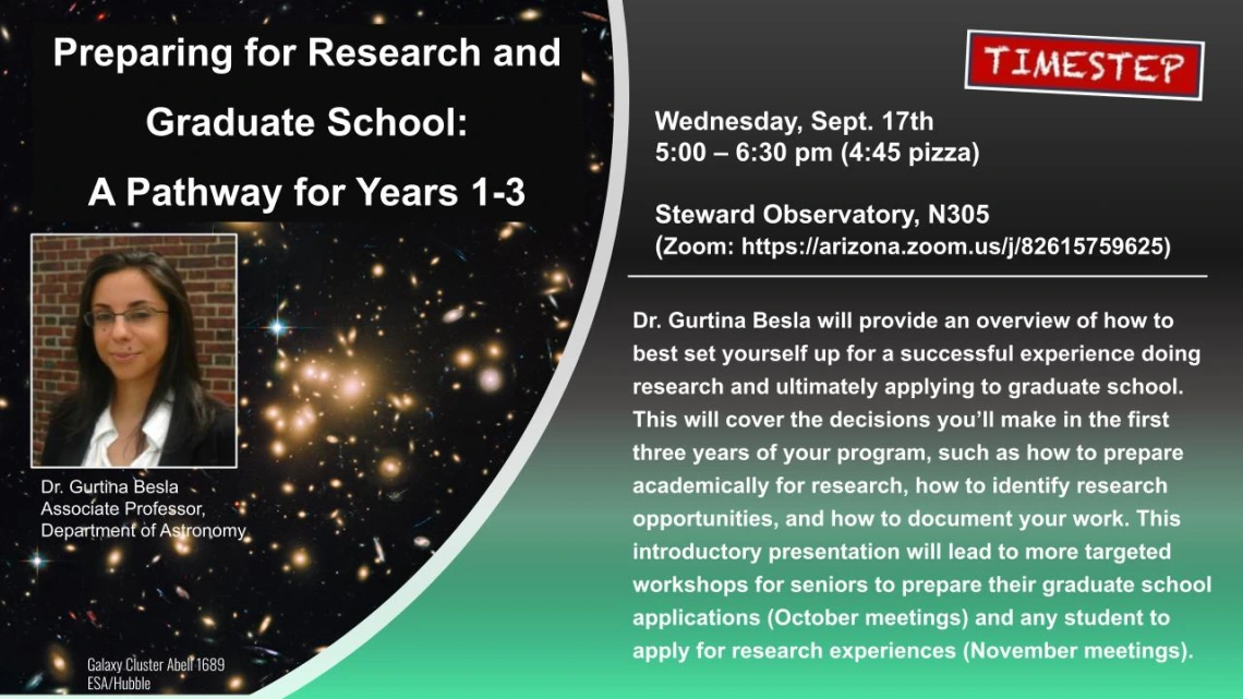 Meeting description and details with a headshot of Dr. Gurtina Besla on a dark background with many bright galaxies