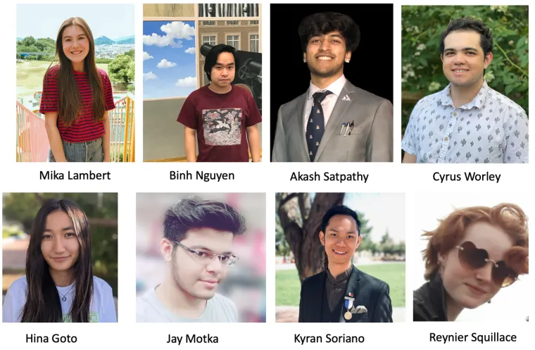 Headshots of the 2021-22 TIMESTEP Leaders: Mika Lambert, Binh Nguyen, Akash Satpathy, Cyrus Worley, Hina Goto, Jay Motka, Kai Soriano, Rey Squillace