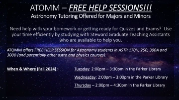 ATOMM schedule- Tues 2-3:30, Wed 2-3, Thurs 2-4:30 in Parker Library